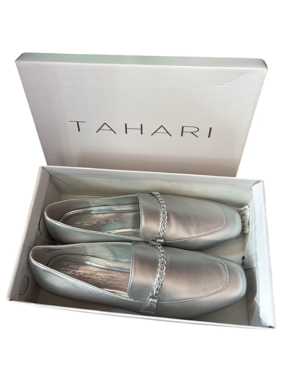 Tahari Silver Metallic Chain-Trim Slip-On Loafers for Women 8.5 L / 9 R